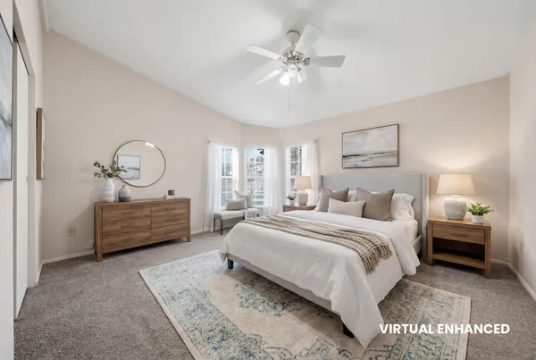 a view of a park with large trees