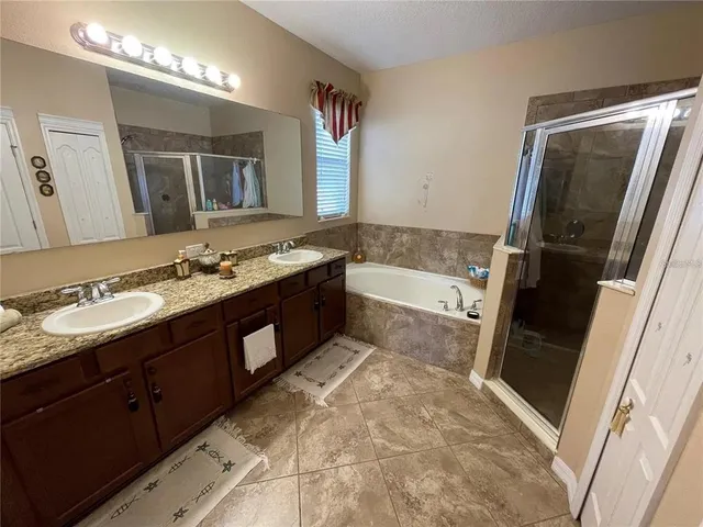 a bathroom with a granite countertop double vanity and a mirror