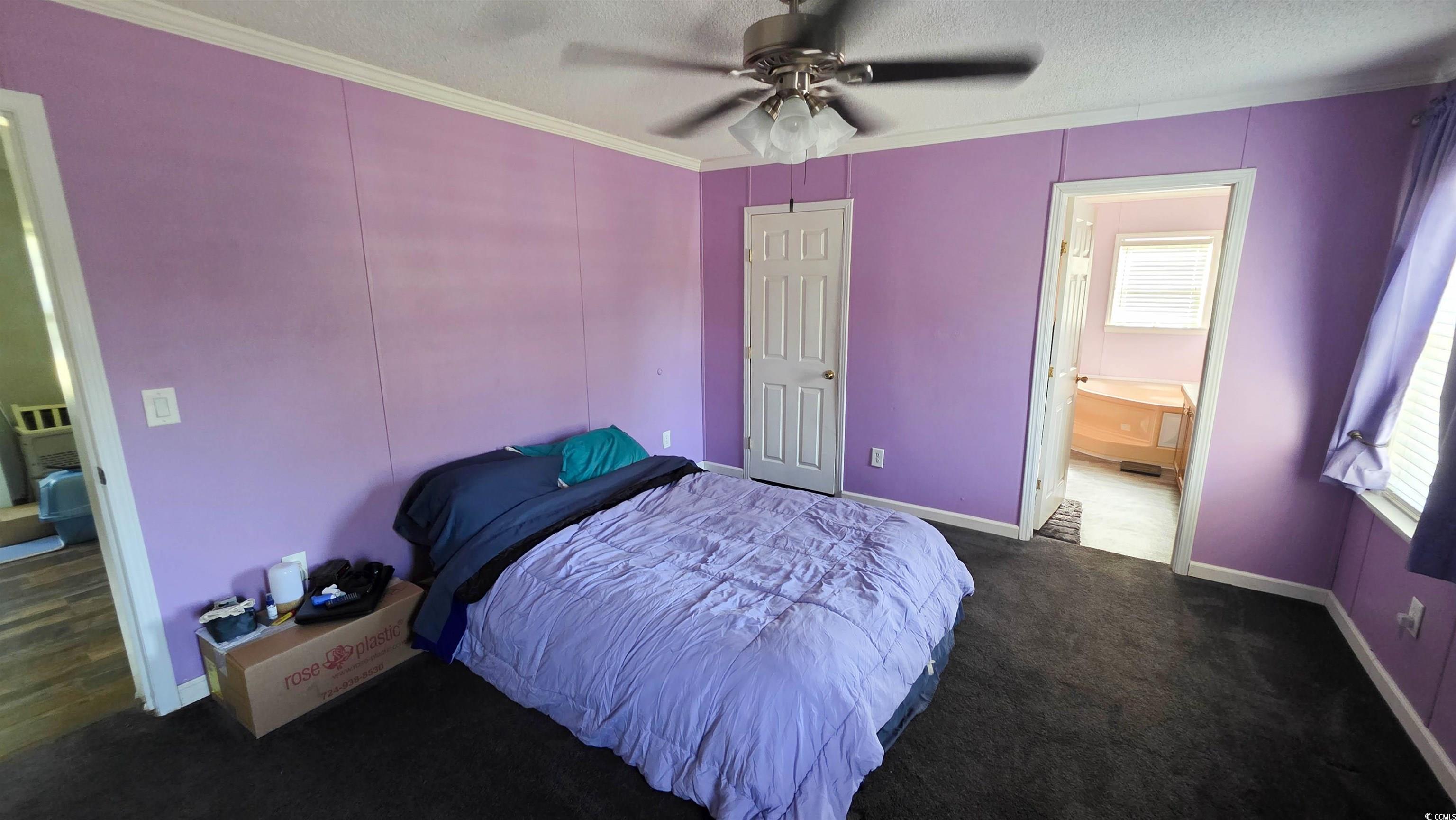 2018 Venus Court Loris, SC 29569 - Photo 12 of 17 Bedroom featuring crown molding, a ceiling fan, a textured ceiling, ensuite bathroom, and dark carpet