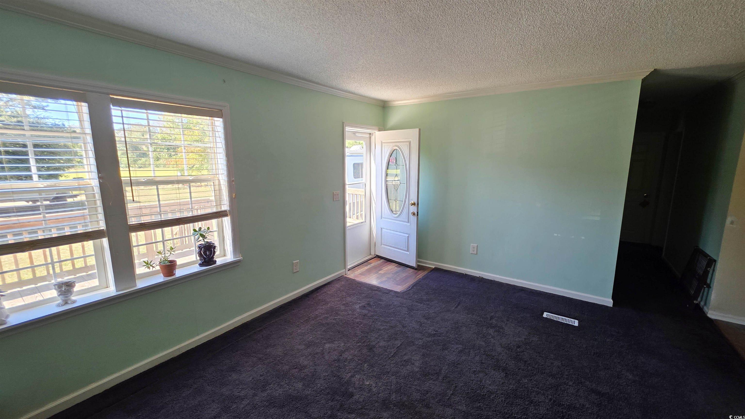 2018 Venus Court Loris, SC 29569 - Photo 15 of 17 Foyer entrance with ornamental molding, a textured ceiling, and dark colored carpet