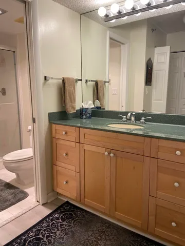 a bathroom with a granite countertop sink and a mirror