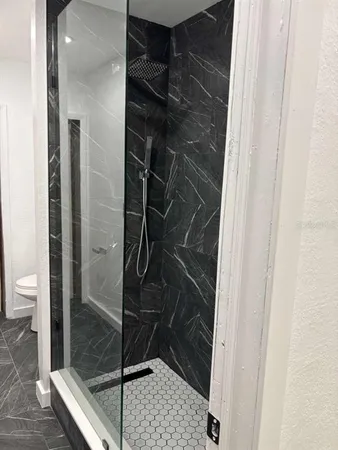 a bathroom with a shower and toilet