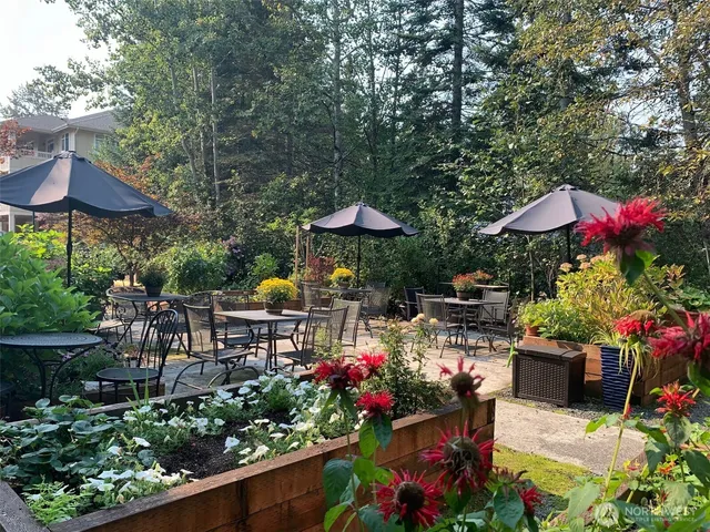a view of a patio with chairs and flower plants
