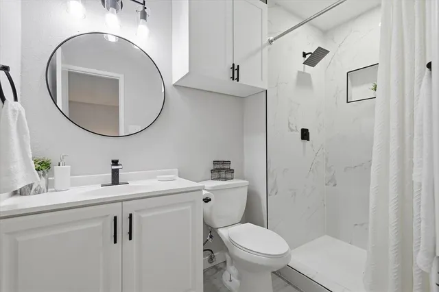 a bathroom with a sink a toilet and a mirror