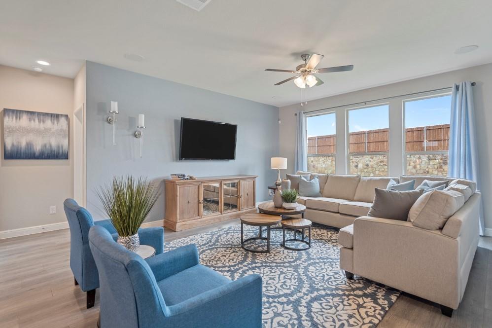 118 Stanton Avenue Rhome, TX 76078 - Photo 11 of 30 a living room with furniture a flat screen tv and a large window