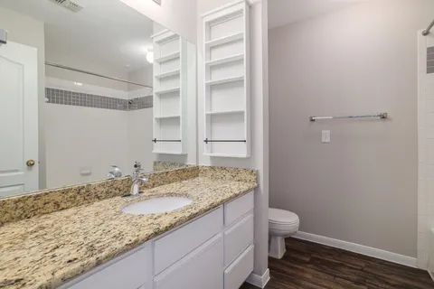a bathroom with a granite countertop sink a toilet and a shower
