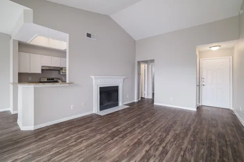 a view of empty room with wooden floor and fireplace