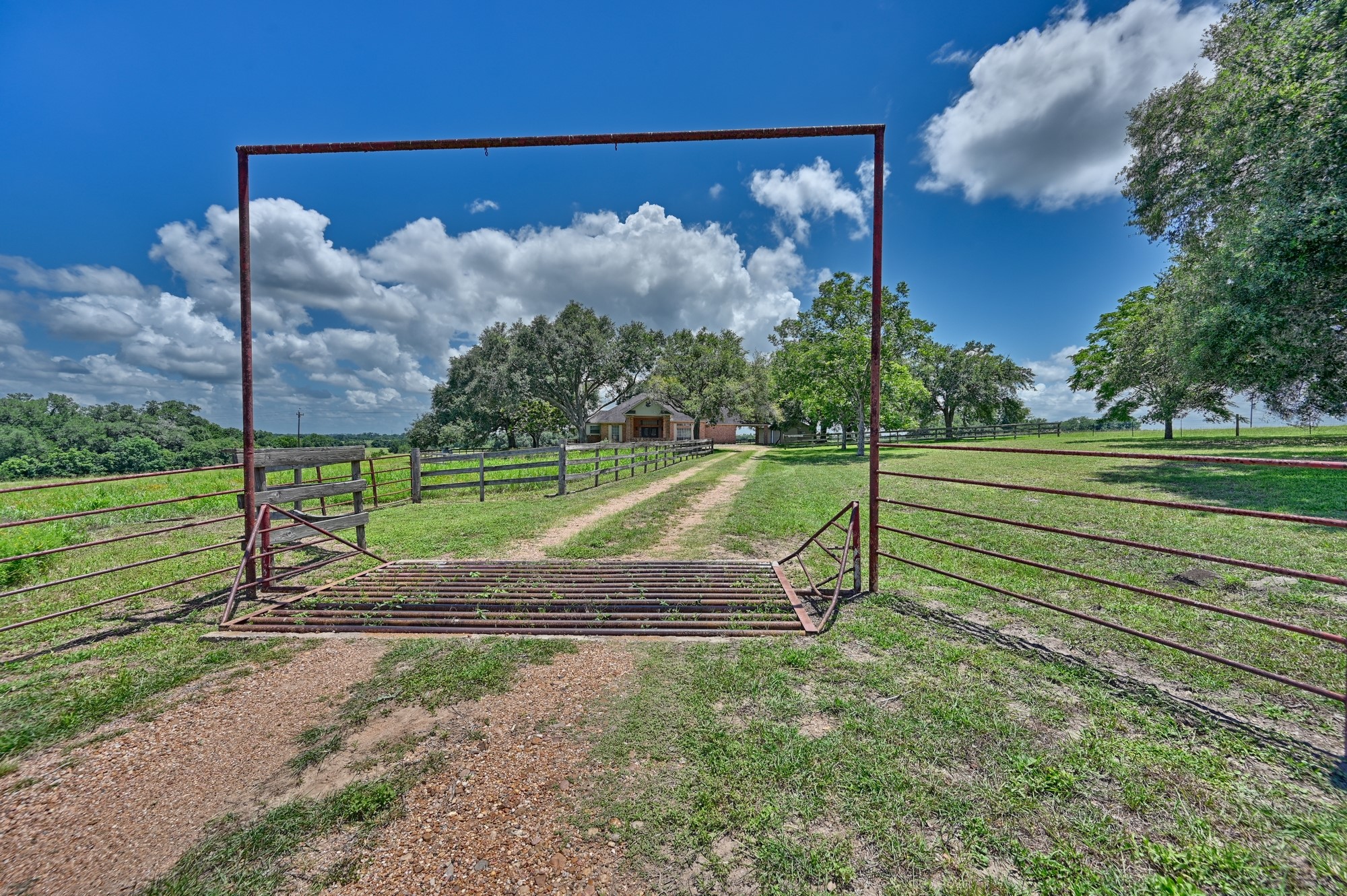 1552 Holub Road Schulenburg, TX 78956 - Photo 3 of 45 A charming countryside property featuring a rustic gate and cattleguard opening to a long gravel driveway leading to a house nestled among Oak trees. The expansive green pasture and blue sky create a serene, picturesque setting.