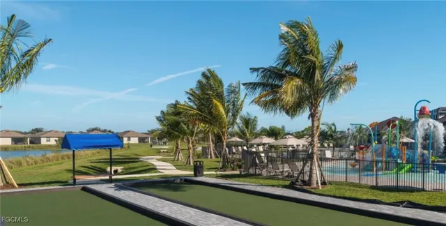 a view of a lake with a sitting area