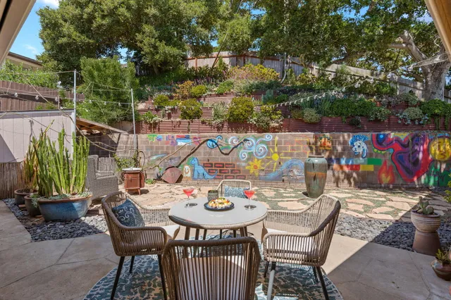 a view of a chairs and table in patio