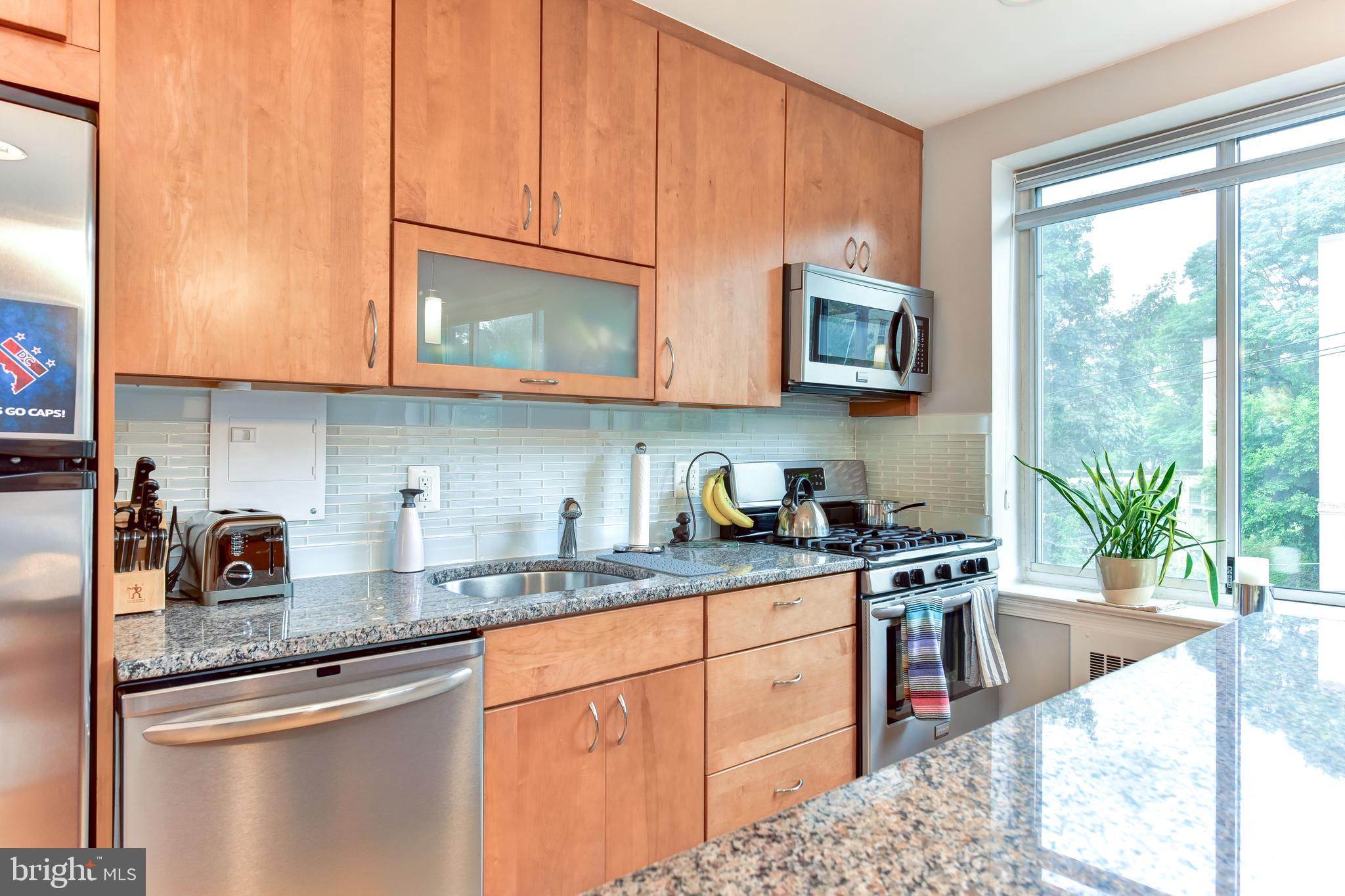 4100 W Street Northwest, Unit 510 Washington, DC 20007 - Photo 8 of 22 a kitchen with stainless steel appliances granite countertop a stove a sink and a microwave
