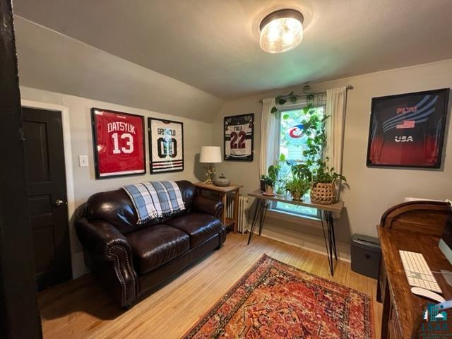 5615 London Road Duluth, MN 55804 - Photo 7 of 13 Living room featuring wood-type flooring and lofted ceiling
