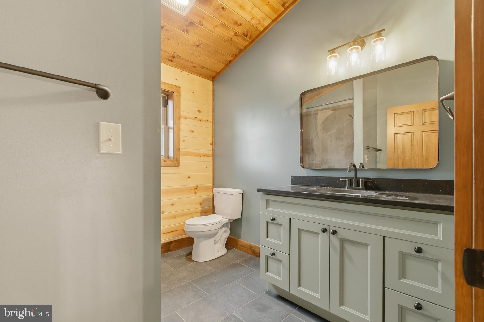 45 Nature Run McHenry, MD 21541 - Photo 18 of 39 a bathroom with a granite countertop toilet a sink and a mirror