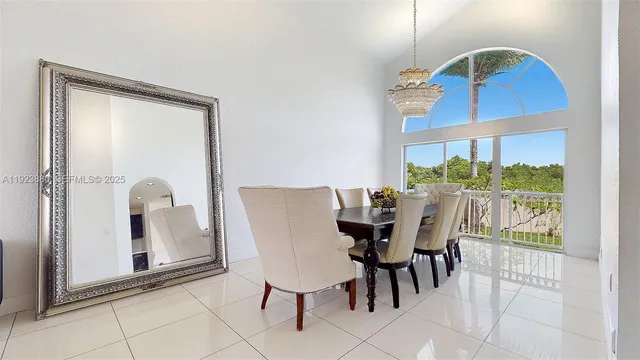 a view of a dining room with furniture window and outside view