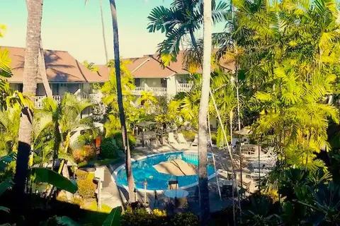 a view of a multi story residential apartment building with a yard and plants