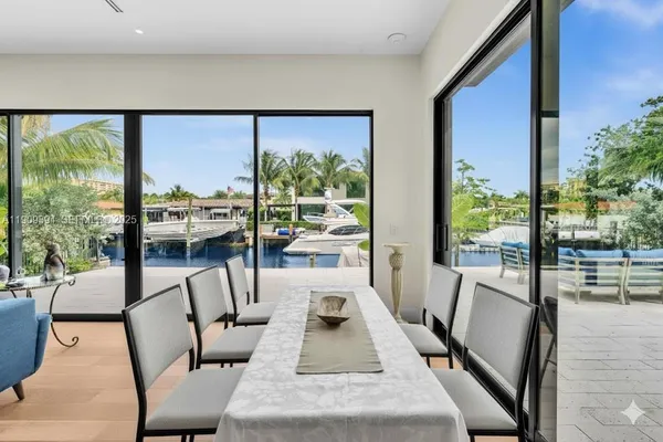 a view of a living room with furniture and floor to ceiling window