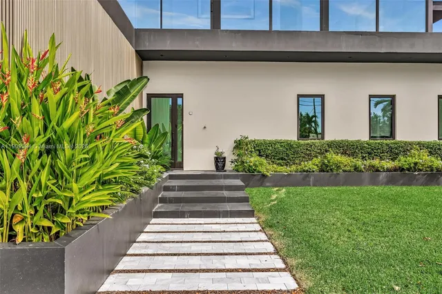 a view of a garden with a pathway