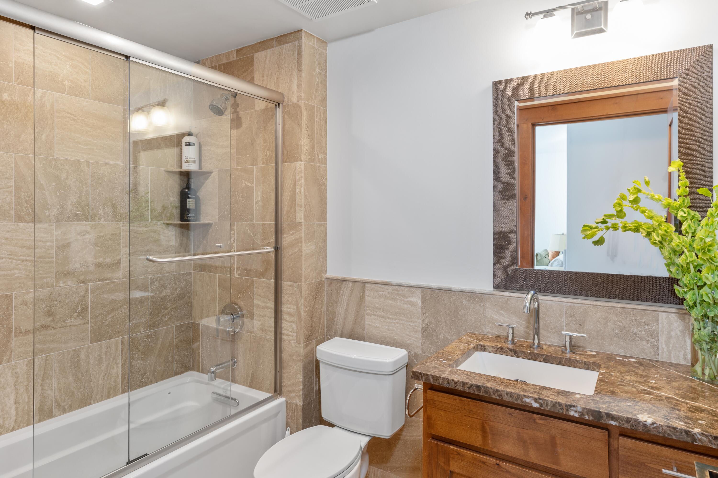 230 South Pine Street, Unit R 102 Telluride, CO 81435 - Photo 12 of 14 a bathroom with a granite countertop sink a toilet and shower