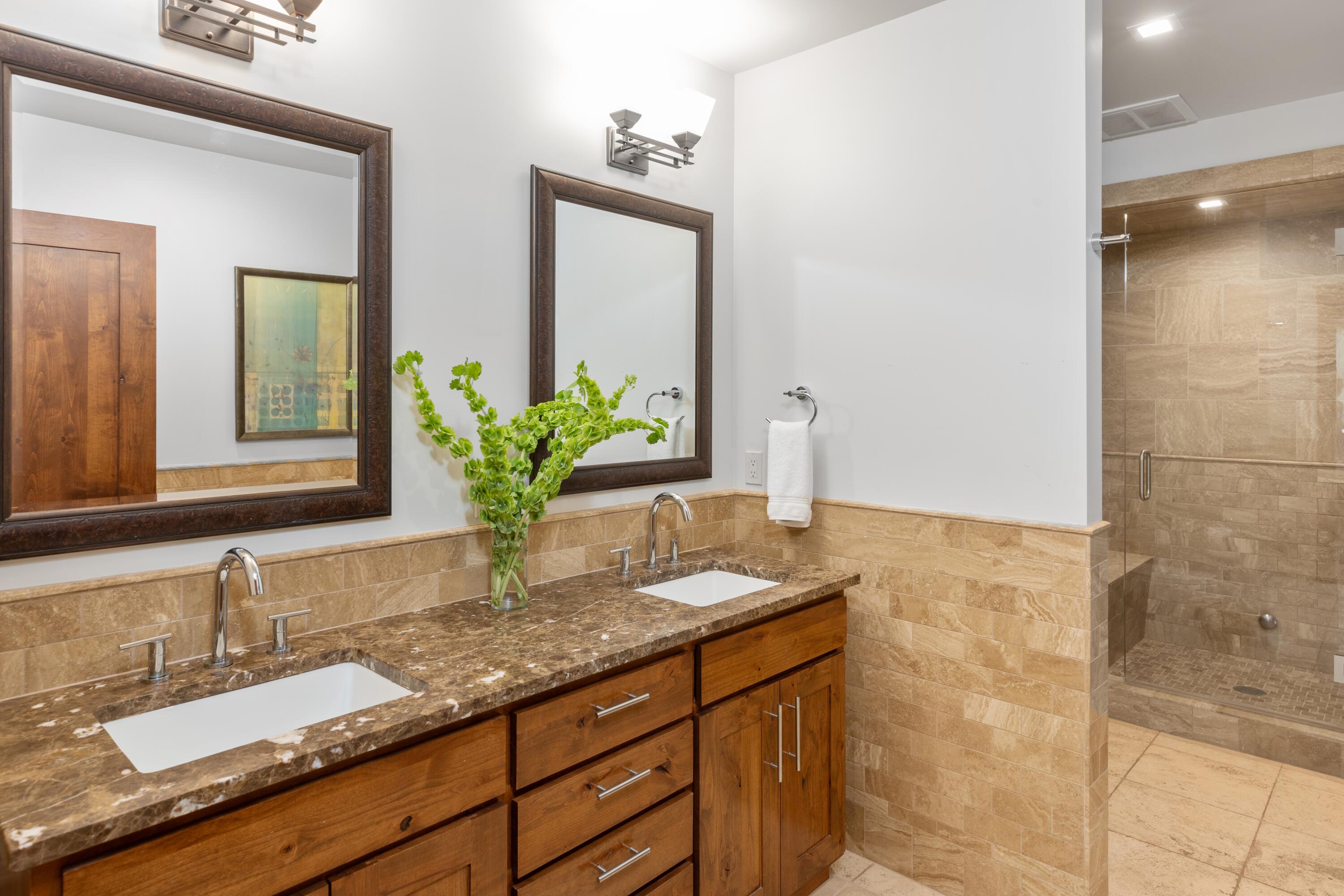 230 South Pine Street, Unit R 102 Telluride, CO 81435 - Photo 8 of 14 a bathroom with a granite countertop sink a mirror and a shower