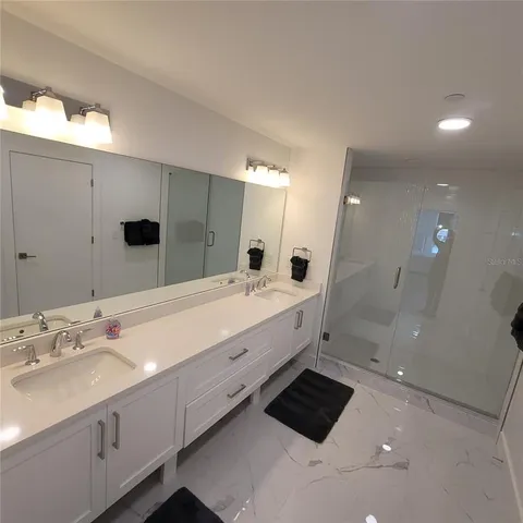 a bathroom with a double vanity sink a mirror and a shower