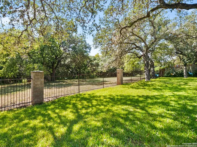a view of a park with large trees