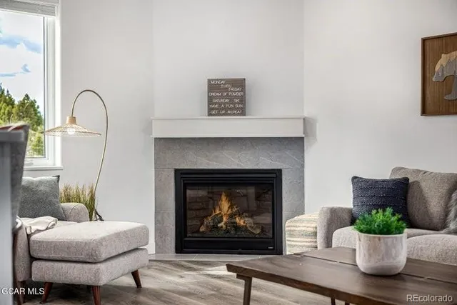 a living room with furniture a potted plant and a fireplace