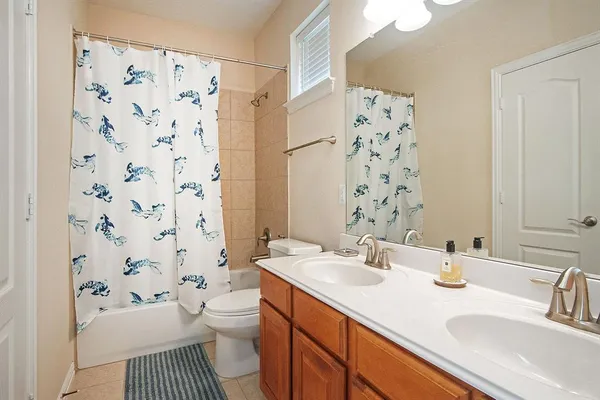 a bathroom with a sink a toilet and shower curtain