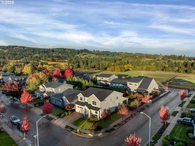 an aerial view of a house with a yard