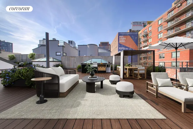 a dining room with furniture and a floor to ceiling window