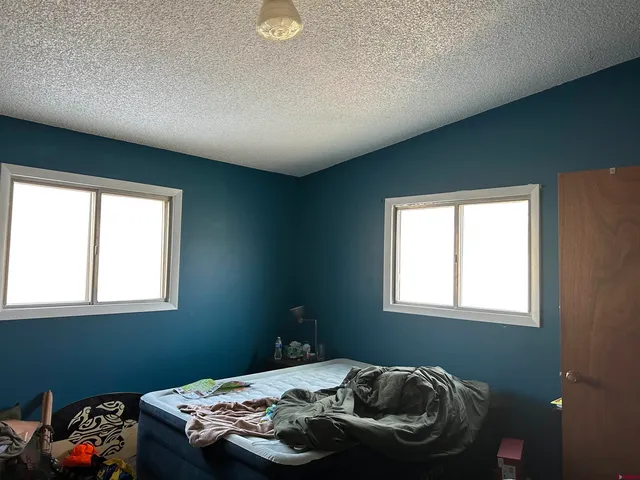 a bedroom with a bed and a window