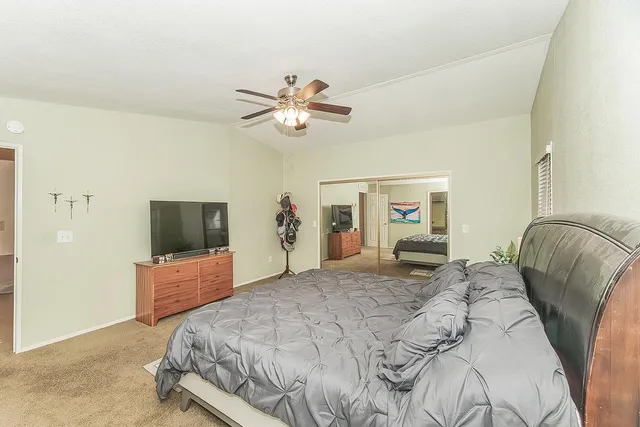 a bedroom with a bed and a couch