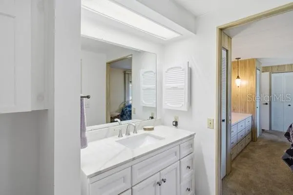 a bathroom with a sink a mirror and a shower