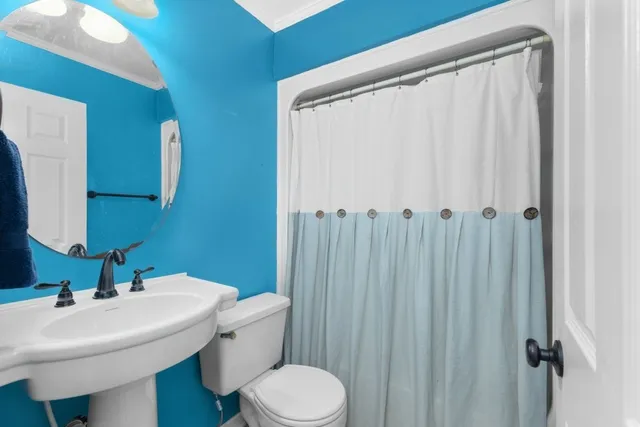 a bathroom with a sink a toilet a mirror and shower curtain