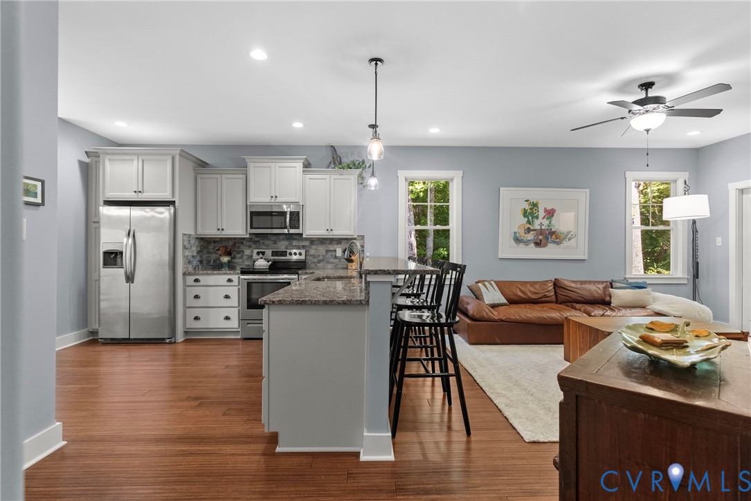 Kitchen with appliances with stainless steel finis