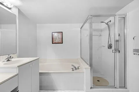 a bathroom with a shower a sink and a mirror