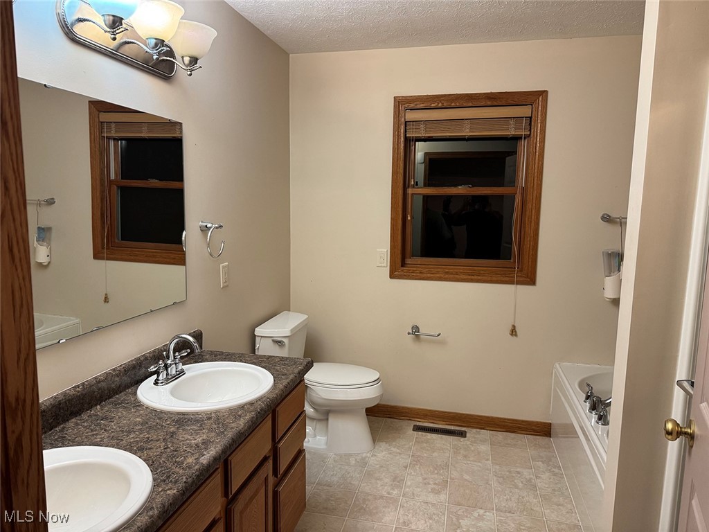 3718 Babcock Road Williamsfield, OH 44093 - Photo 26 of 31 Bathroom with vanity, toilet, a bathing tub, and a textured ceiling