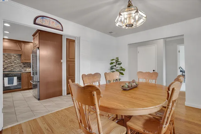 a view of a dining room with furniture