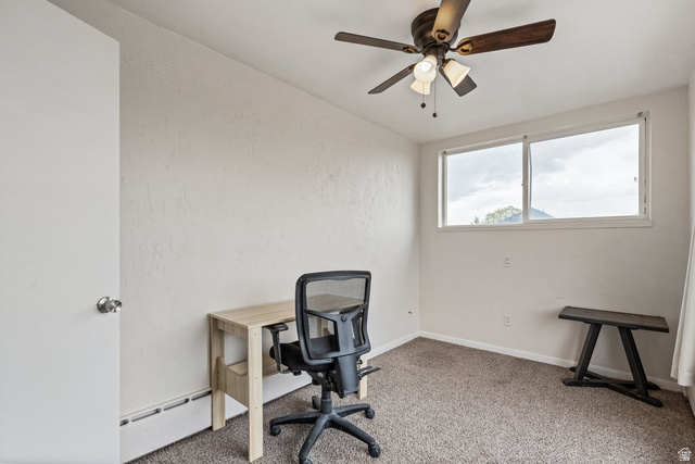 149 West 1600th Street South Mapleton, UT 84664 - Photo 22 of 44 Office space featuring a baseboard heating unit, carpet floors, and ceiling fan