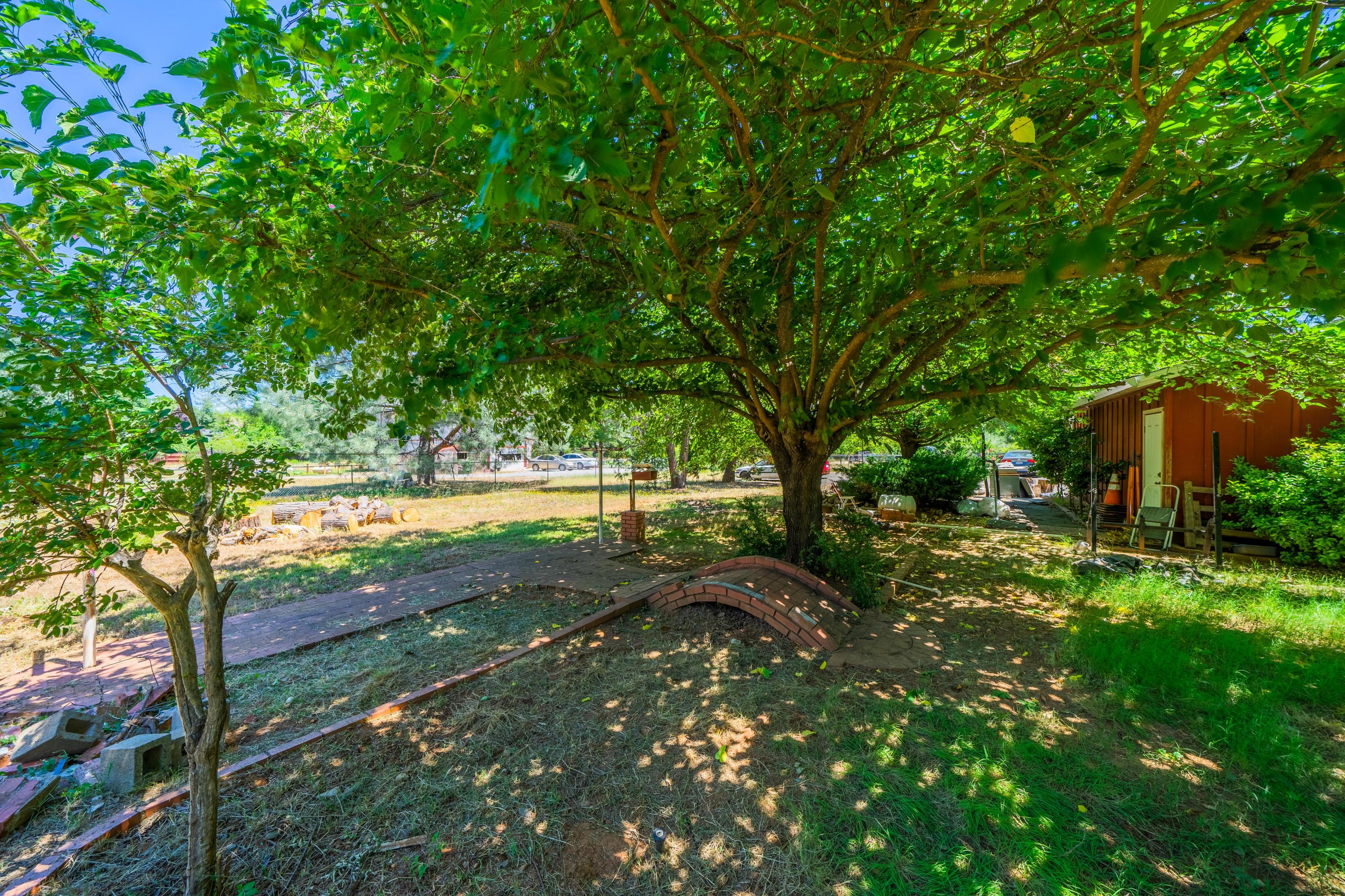 1542 Old Alturas Road Redding, CA 96003 - Photo 6 of 20 a view of a yard with table and chairs and a large tree