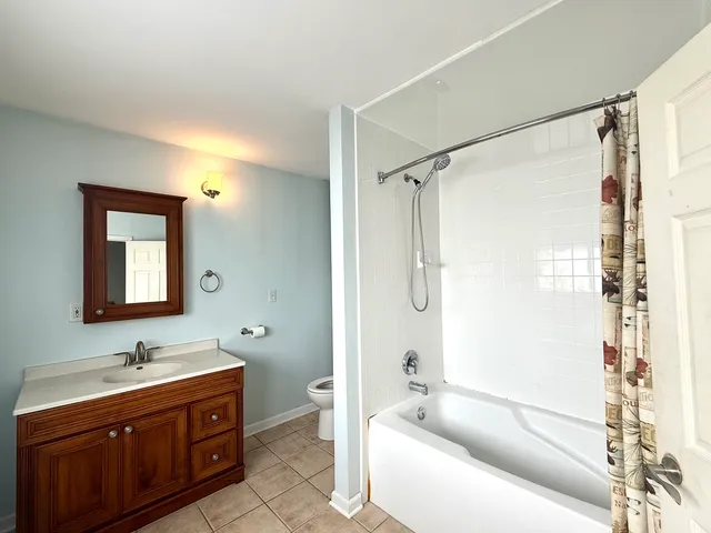 a bathroom with a tub sink shower and mirror