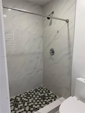 a bathroom with a shower and toilet