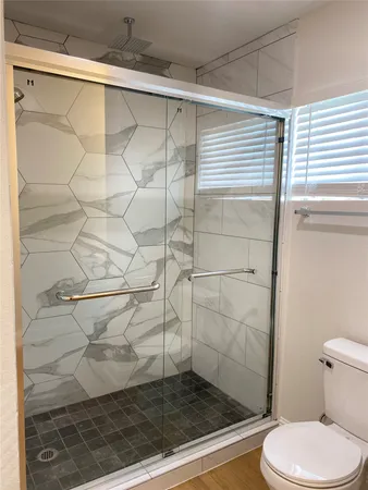 a bathroom with a shower and toilet