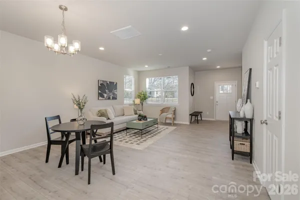 a view of a dining room with furniture