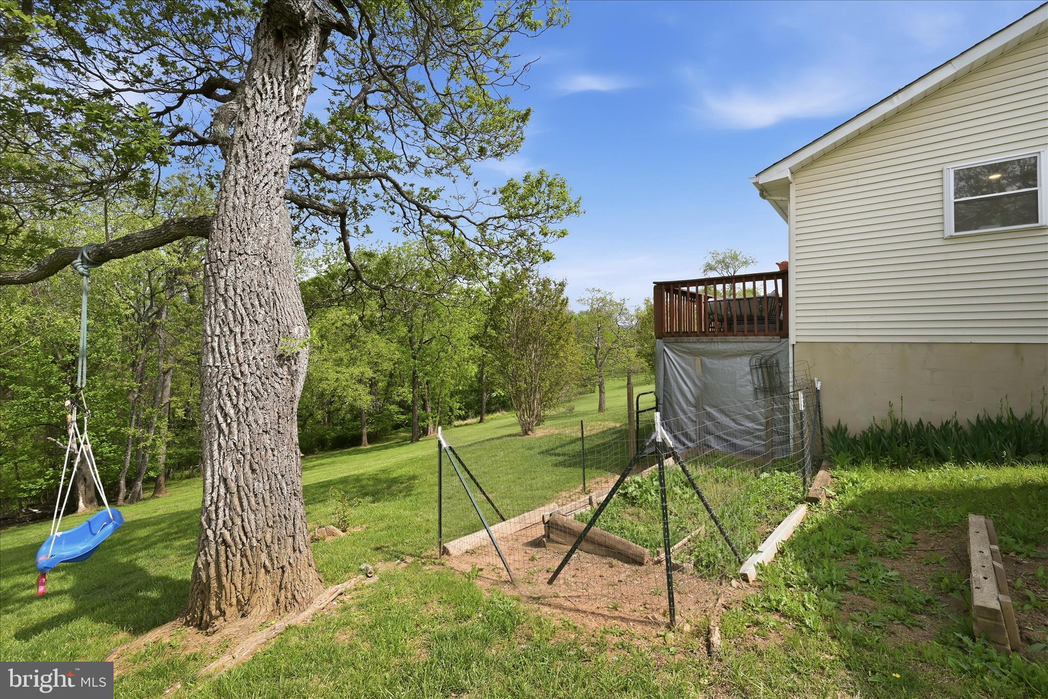 91 Granny Smith Road Linden, VA 22642 - Photo 42 of 65 a view of a backyard with a slide trees and wooden fence