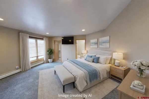 a bedroom with a large bed and a window