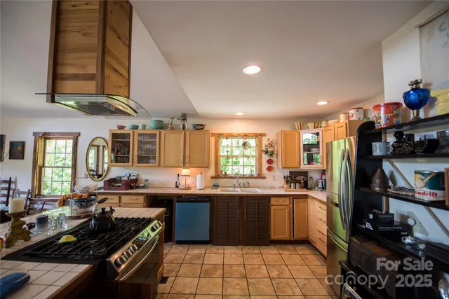 a kitchen with lots of counter top space