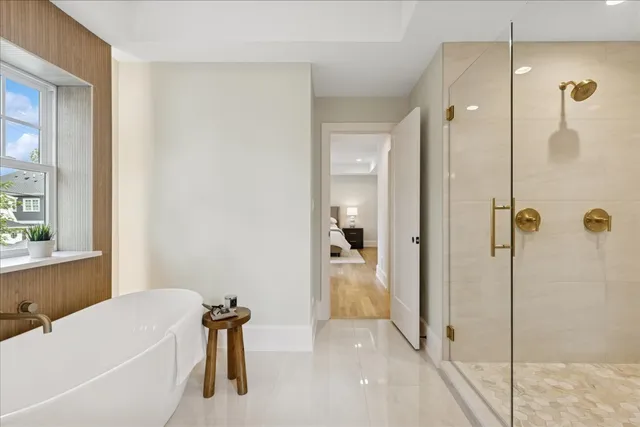a bathroom with a bathtub and a shower