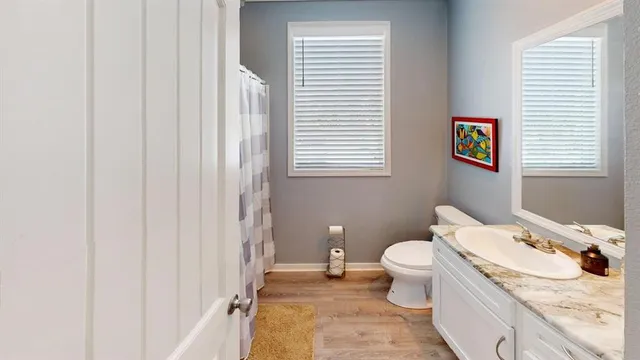 a bathroom with a granite countertop sink toilet and a mirror