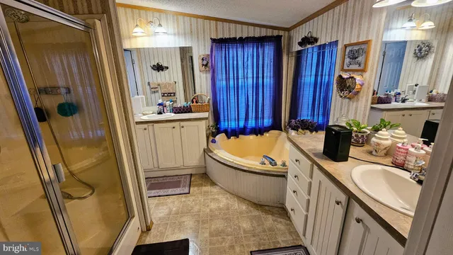a bathroom with a tub sink and mirror