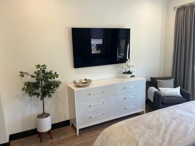 a bathroom with a sink and a potted plant